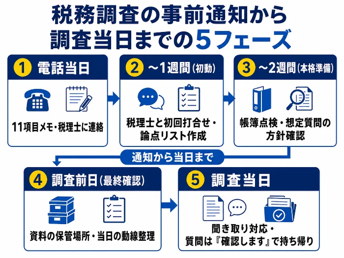 税務調査の事前通知から調査当日までの5フェーズを示すフロー図。①電話当日は11項目メモ・税理士に連絡、②〜1週間（初動）は税理士と初回打合せ・論点リスト作成、③〜2週間（本格準備）は帳簿点検・想定質問の方針確認、④調査前日（最終確認）は資料の保管場所・当日の動線整理、⑤調査当日は聞き取り対応・質問は『確認します』で持ち帰り