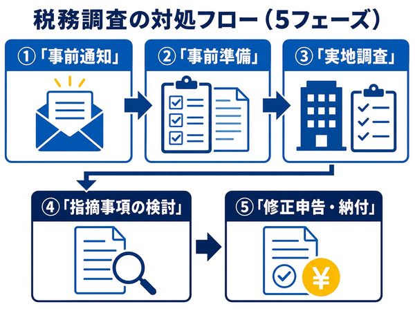 税務調査の対処フロー5フェーズの図。①事前通知（調査の1〜3週間前）、②事前準備（通知〜調査前日）、③実地調査（通常2〜3日）、④指摘事項の検討（調査後1〜2か月）、⑤修正申告・納付（結果通知後）